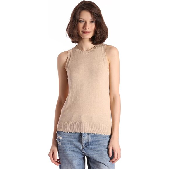 Women's Cotton Cashmere Frayed Crew Neck Tank Top Small Casual Edgy Versatile - Picture 1 of 3